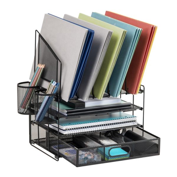 Mesh Desk Organizer With Vertical Storage And Pen Holders, 16″H x 12-3/4″W x 9-1/2″D, Black