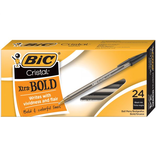 BIC Cristal Bold Ballpoint Pens, Extra Bold Point, 1.6 mm, Translucent Smoked Barrel, Black Ink, Pack Of 24 Pens