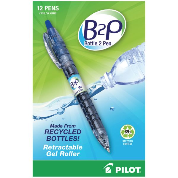 Pilot “Bottle to Pen” B2P Retractable Gel Pens, Fine Point, 0.7 mm, 89% Recycled, Translucent Barrel, Blue Ink, Pack Of 12